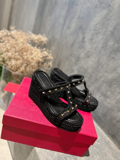 VALENTINO Studded hemp rope wedge sandals