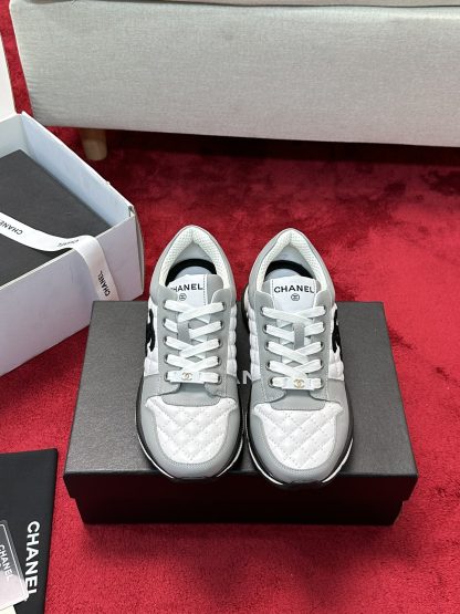 Chanel white and gray craft embroidery style fashion casual sports shoes