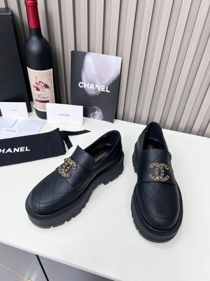 Chanel black electric show diamond style imported leather loafers