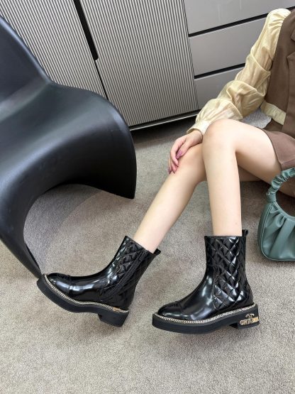 Chanel stylish black simple leather shiny boots