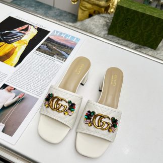 Gucci spring and summer new GG rhinestone buckle round toe thick heel slippers