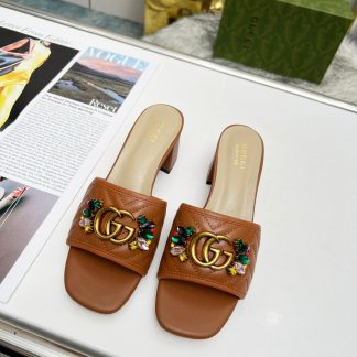 Gucci spring and summer new GG rhinestone buckle round toe thick heel slippers