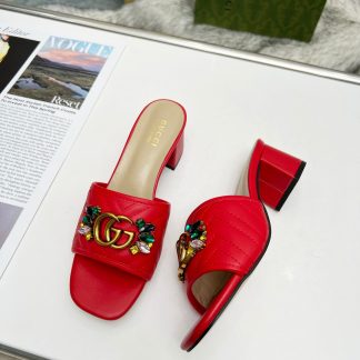 Gucci spring and summer new GG rhinestone buckle round toe thick heel slippers