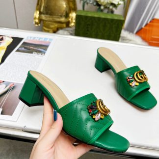 Gucci spring and summer new GG rhinestone buckle round toe thick heel slippers