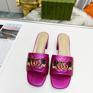 Gucci spring and summer new GG rhinestone buckle round toe thick heel slippers