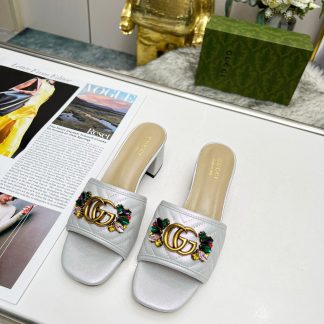 Gucci spring and summer new GG rhinestone buckle round toe thick heel slippers
