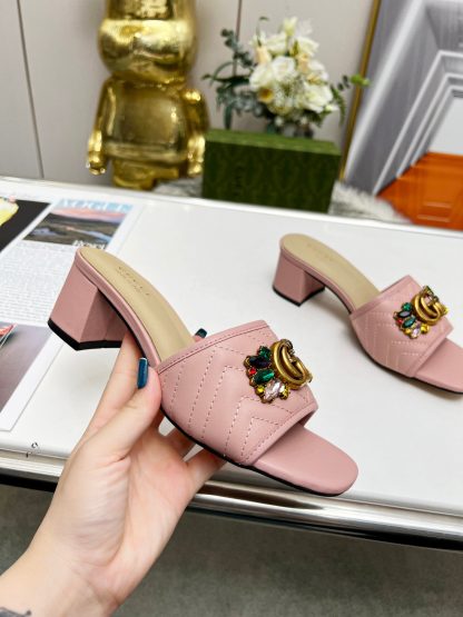 Gucci spring and summer new GG rhinestone buckle round toe thick heel slippers