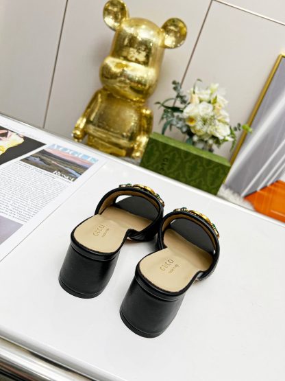 Gucci spring and summer new GG rhinestone buckle round toe thick heel slippers - Image 2