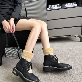 Chanel classic fashion black apricot simple lace-up boots