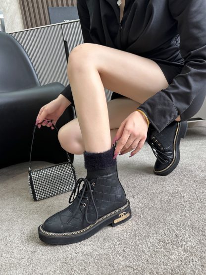 Chanel classic fashion black simple lace-up boots