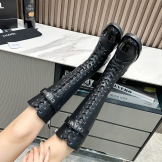 Chanel girly black leather mid boots