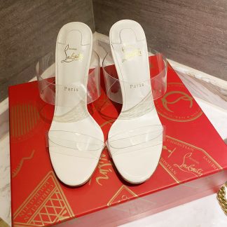 ChristianLouboutin transparent one-strap red bottom sandals high heels