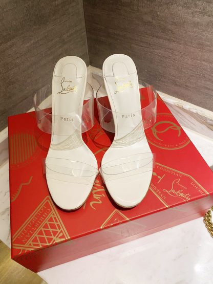 ChristianLouboutin transparent one-strap red bottom sandals high heels