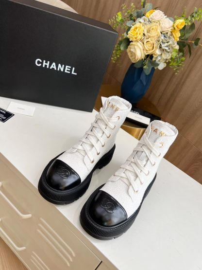Chanel white lace-up design non-slip wear-resistant boots