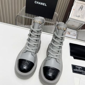 Chanel grey lace-up design non-slip wear-resistant leather boots