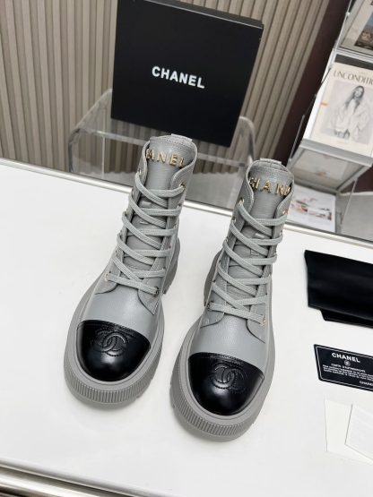 Chanel grey lace-up design non-slip wear-resistant leather boots