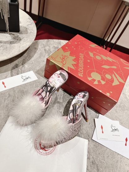 ChristianLouboutin Fish Mouth Fur Ball Sandals High Heels