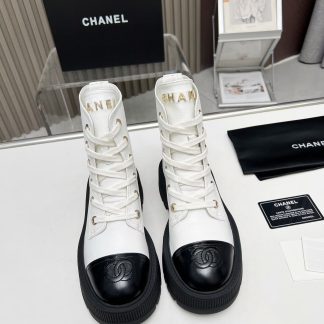 Chanel white lace-up design non-slip wear-resistant leather boots