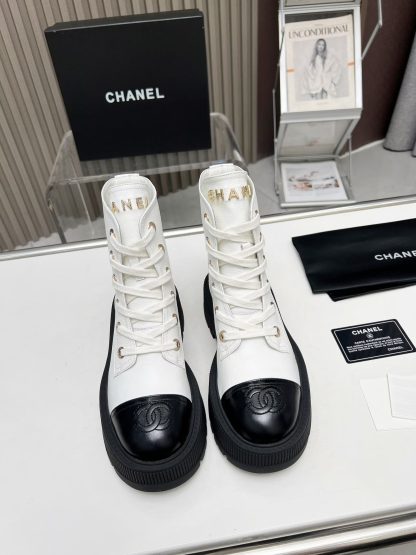 Chanel white lace-up design non-slip wear-resistant leather boots