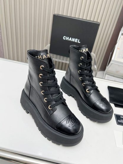 Chanel black strap design non-slip wear-resistant leather boots