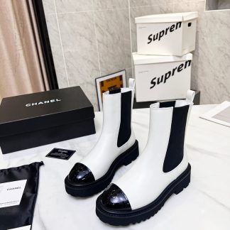 Chanel double-sided elastic design convenient leather white boots