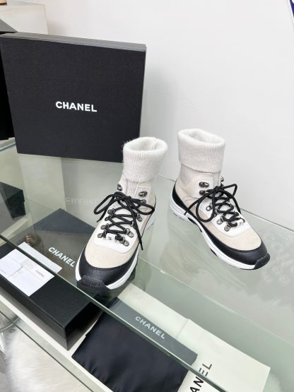 Chanel apricot black mixed socks leather casual sneakers