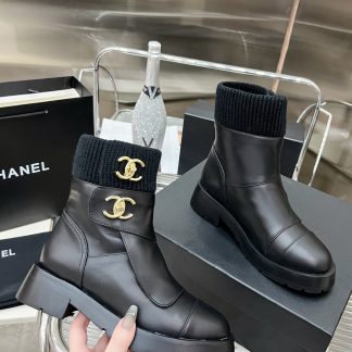 Chanel black autumn and winter leather boots