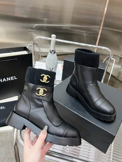 Chanel black autumn and winter leather boots