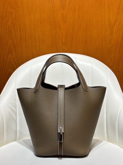 Hermès Elephant Grey Silver Buckle Basket Handbag