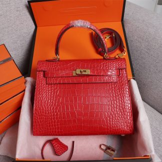 Hermès Red Mini Second Generation Kelly Crocodile Pattern Crossbody Bag Size: 25cm+9cm+18cm