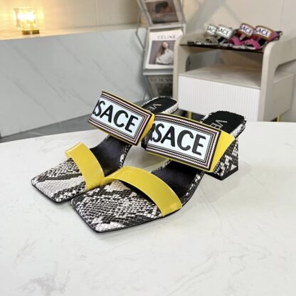 VERSACE square toe block heel sandals high heels