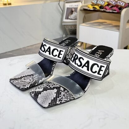 VERSACE square toe block heel sandals high heels