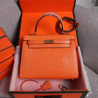 Hermès Orange Mini Second Generation Kelly Crocodile Pattern Crossbody Bag Size: 25cm+9cm+18cm