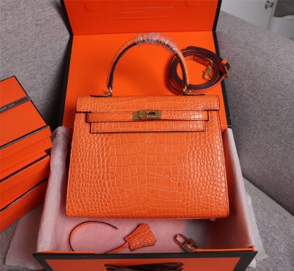 Hermès Orange Mini Second Generation Kelly Crocodile Pattern Crossbody Bag Size: 25cm+9cm+18cm