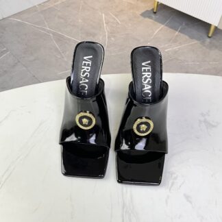VERSACE shiny patent leather new square toe block heel sandals high heels