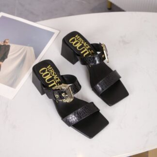 VERSACE Fashion Square Toe Chunky Heel Sandals High Heels