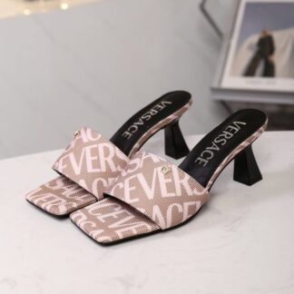 VERSACE New Canvas Jacquard Pattern Open Toe High Heel Mules