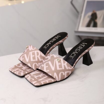 VERSACE New Canvas Jacquard Pattern Open Toe High Heel Mules