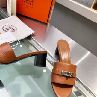 Hermès early spring new pure handmade brown thick heel sandals