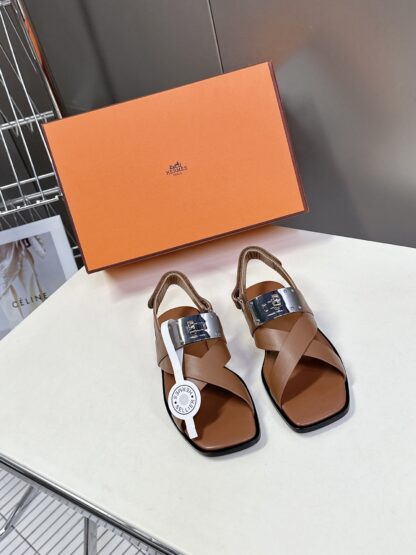 Hermès Spring and Summer Classic Square Toe Brown Versatile Comfort Sandals