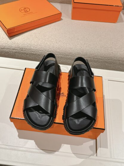 Hermes classic black comfortable casual style cross sandals