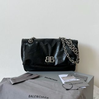 Balenciaga Monaco pompom bag black and silver small chain bag