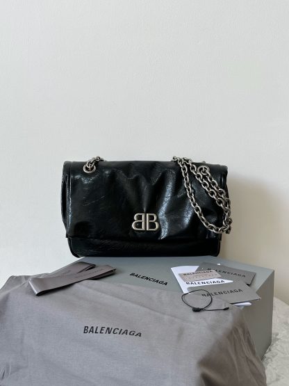 Balenciaga Monaco pompom bag black and silver small chain bag
