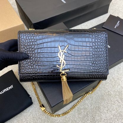 Ysl black gold buckle crocodile shoulder bag