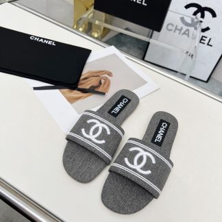 Chanel Grey New Fabric Lambskin Slippers