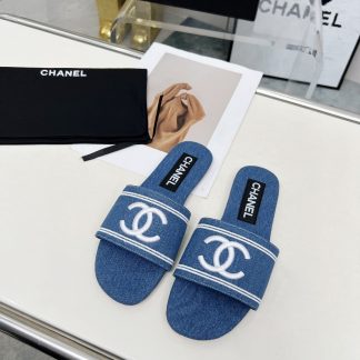 Chanel dark blue new fabric sheepskin slippers