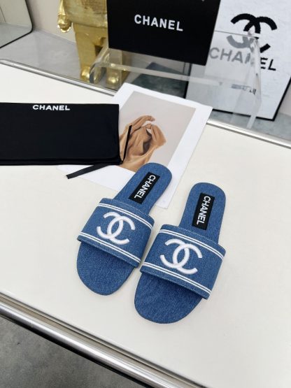 Chanel dark blue new fabric sheepskin slippers