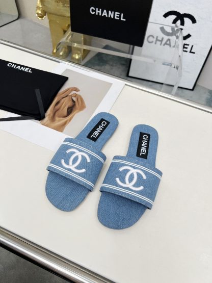 Chanel Light Blue New Fabric Sheepskin Slippers