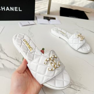 Chanel White New Fabric Lambskin Slippers