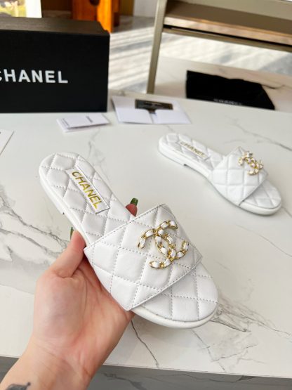Chanel White New Fabric Lambskin Slippers